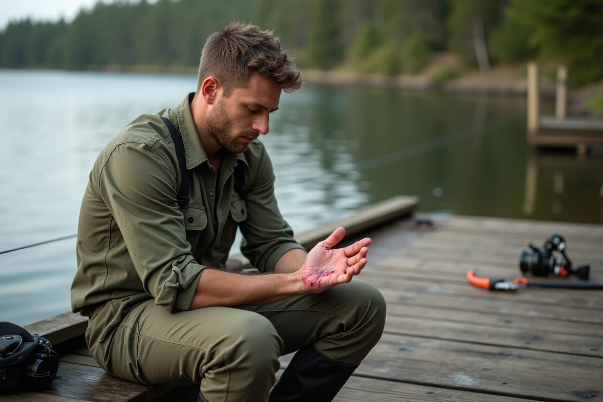 Pêcheur examinant une légère blessure à la main causée par les dents d'un brochet sur un ponton de lac en bois