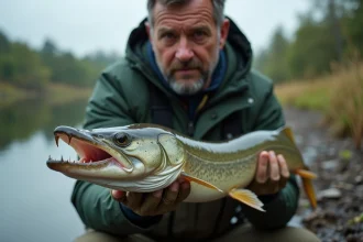 Pêcheur tenant un brochet par les mains avec gants de protection, gueule ouverte montrant ses dents acérées au bord d'une rivière