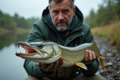 Pêcheur tenant un brochet par les mains avec gants de protection, gueule ouverte montrant ses dents acérées au bord d'une rivière