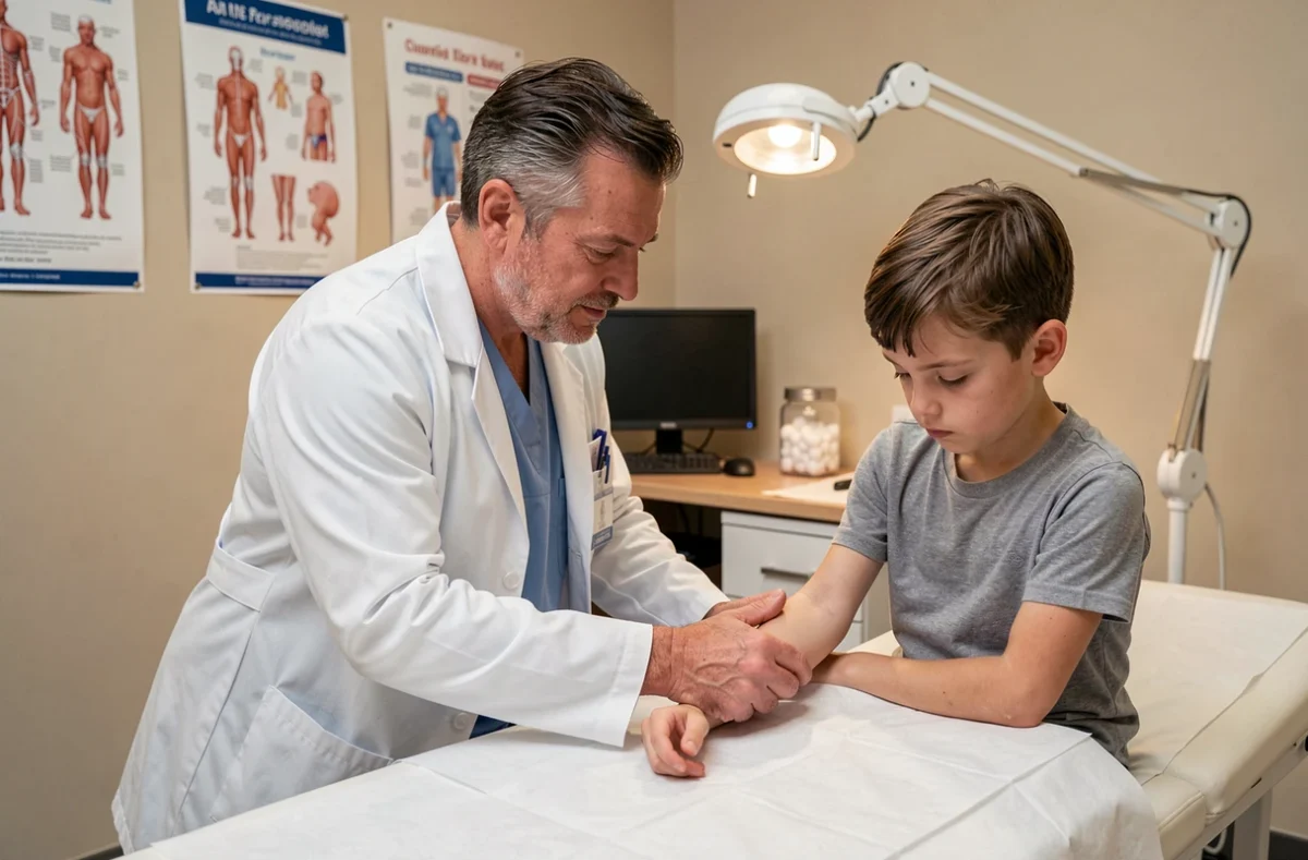 Médecin pédiatre examinant le bras d'un enfant en consultation après une morsure d'araignée mygale