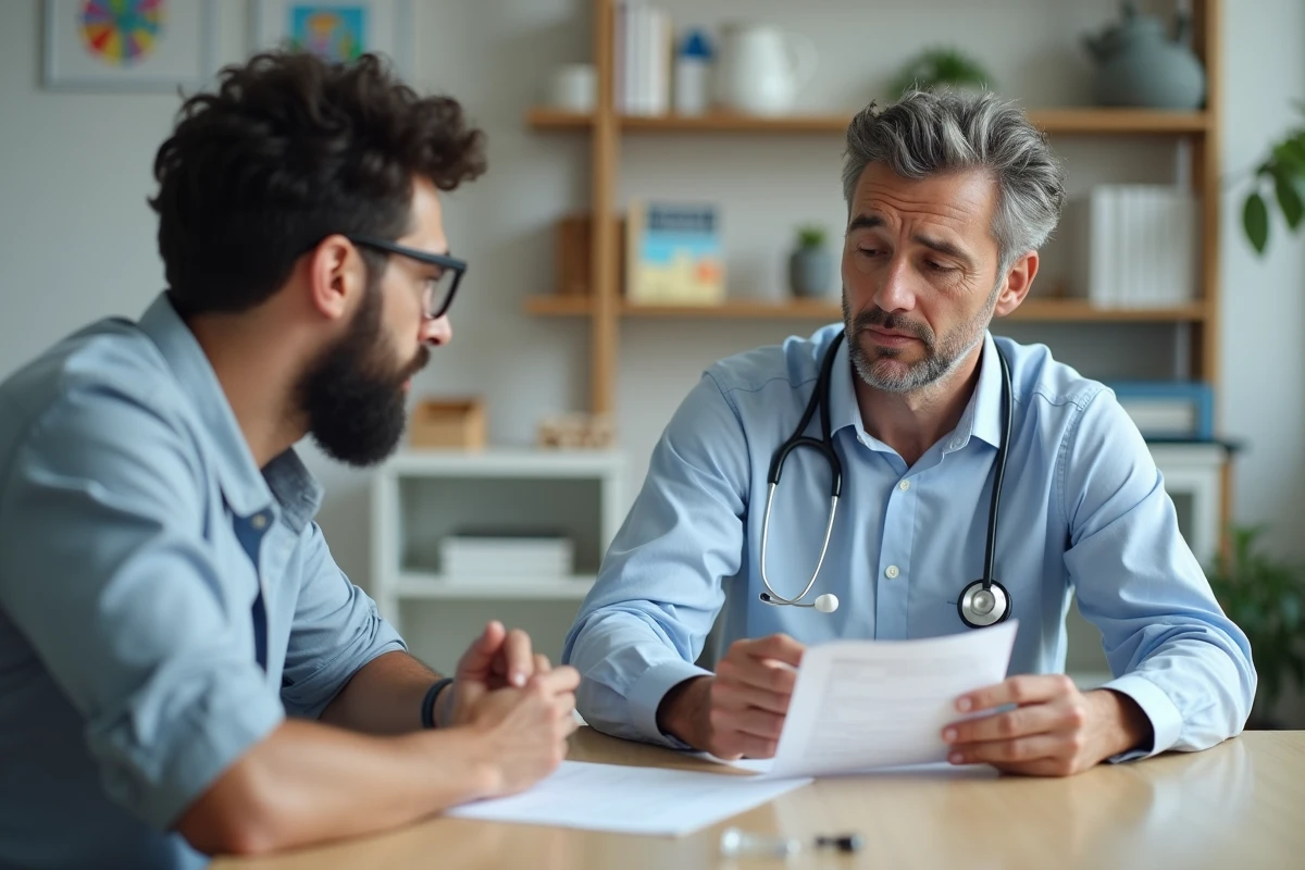 Pediatre explique la posologie du CELESTENE au p&egrave;re dans le cabinet