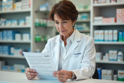 Pharmacienne femme en pharmacie avec produits santé