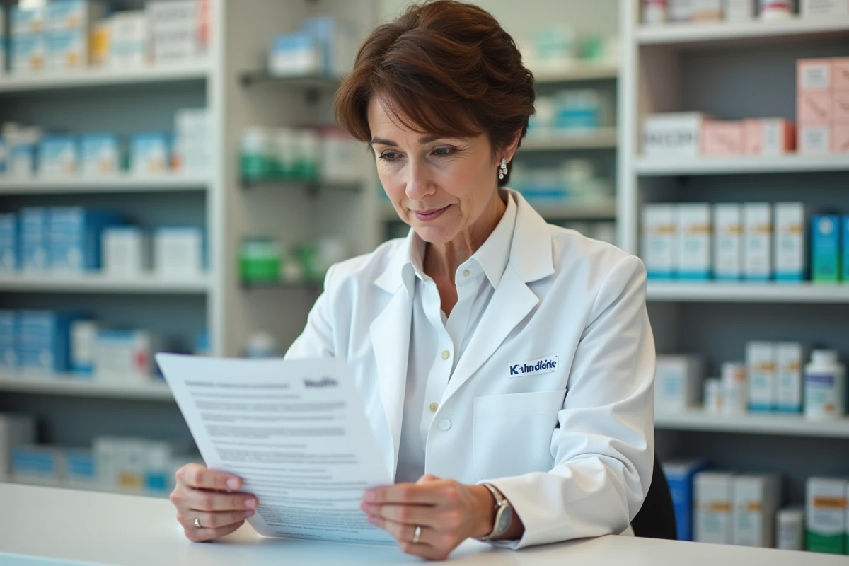 Pharmacienne femme en pharmacie avec produits santé