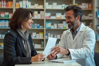 Femme d'âge moyen remettant une ordonnance à un pharmacien souriant