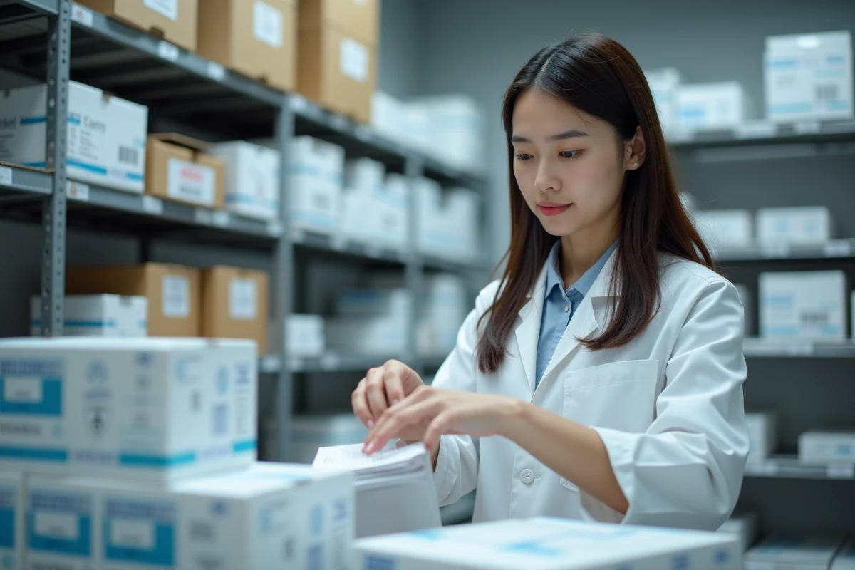 Jeune pharmacienne scanne medicaments en pharmacie