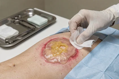 Plaie chirurgicale abdominale avec fibrine jaune lors d'un soin de pansement par une infirmière en milieu hospitalier