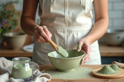 Femme préparant un cataplasme à l'argile verte dans un bol en céramique avec une spatule en bois sur un plan de travail en bois rustique