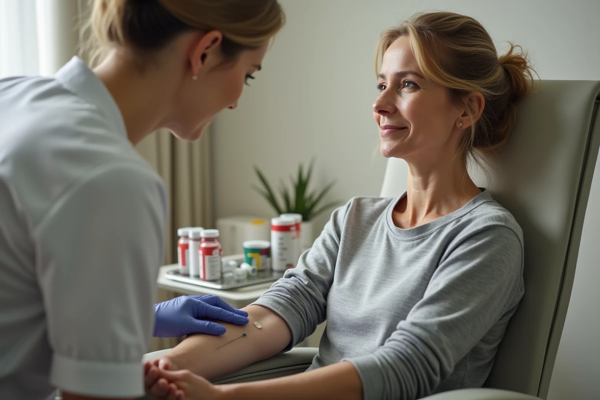Patiente lors d'une prise de sang en cabinet médical pour analyse du taux de LDH et dépistage oncologique