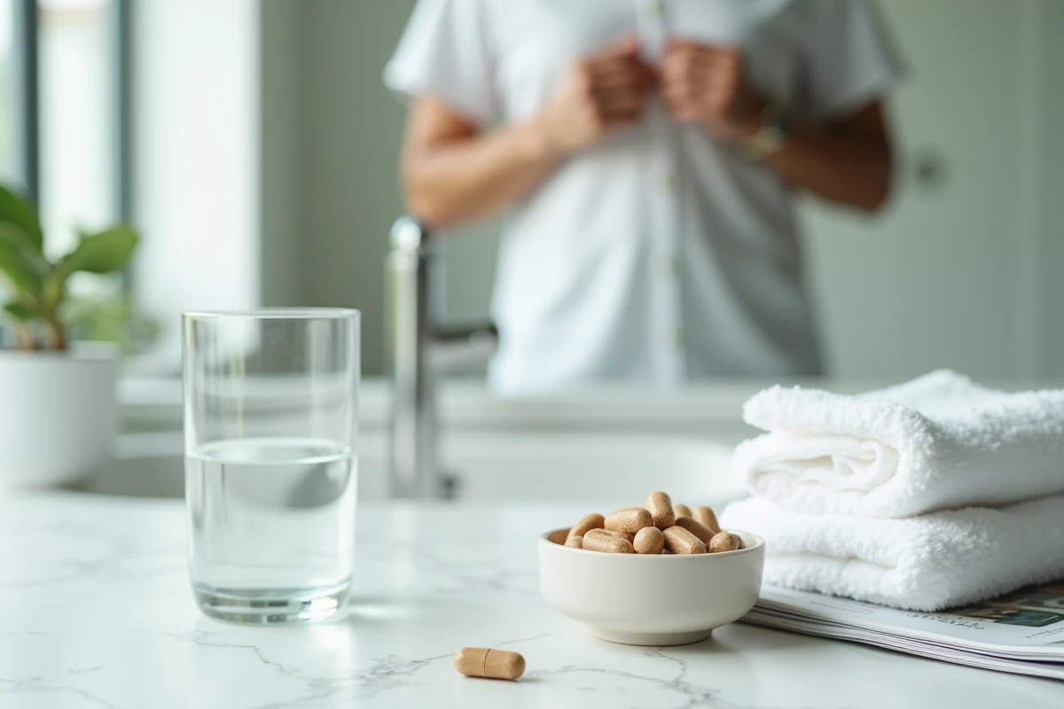 Verre d'eau et capsules probiotiques sur comptoir en marbre blanc, soin du transit intestinal au quotidien