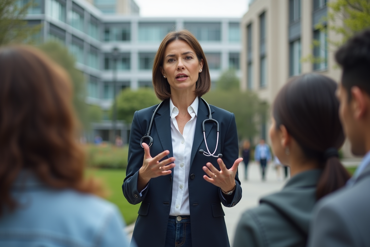 Professeure de médecine parlant devant des étudiants en extérieur