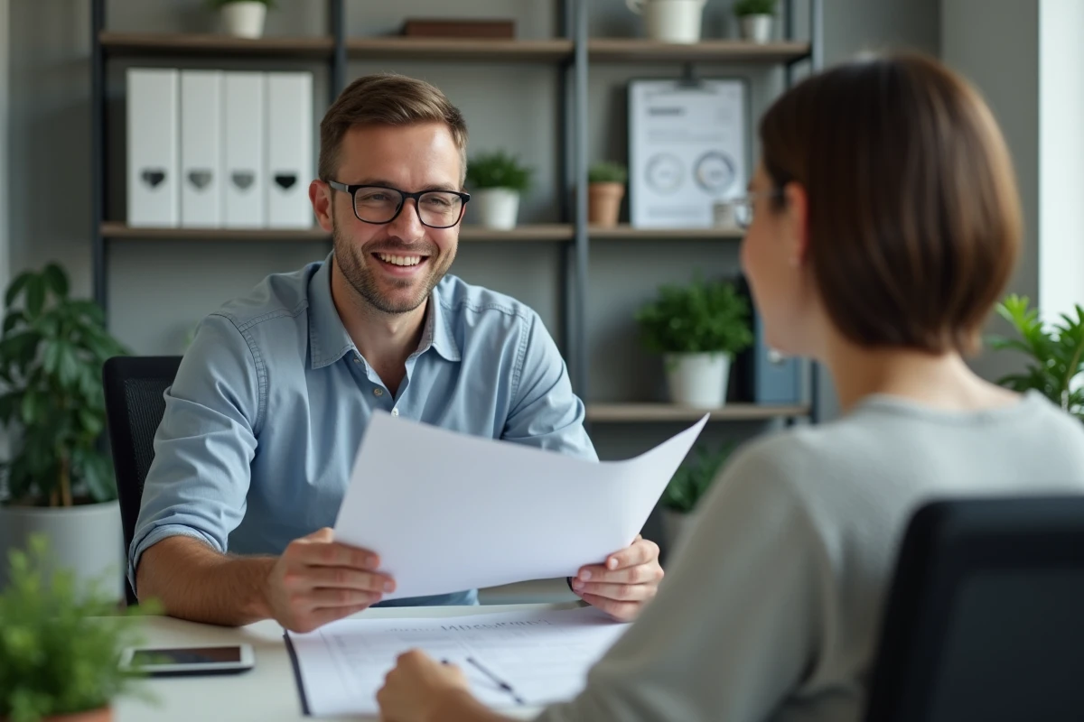 Homme professionnel explique un dossier à une cliente