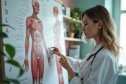 M&eacute;decin pointant un sch&eacute;ma anatomique d&eacute;taill&eacute;