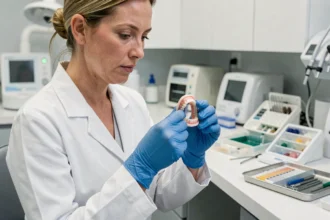 Prothésiste dentaire examinant des dents en résine Capdentaire dans un laboratoire dentaire moderne