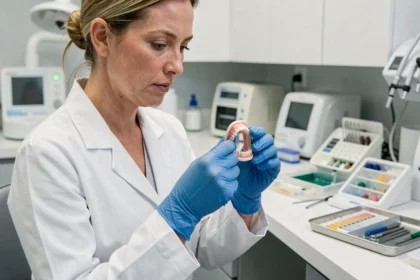 Prothésiste dentaire examinant des dents en résine Capdentaire dans un laboratoire dentaire moderne