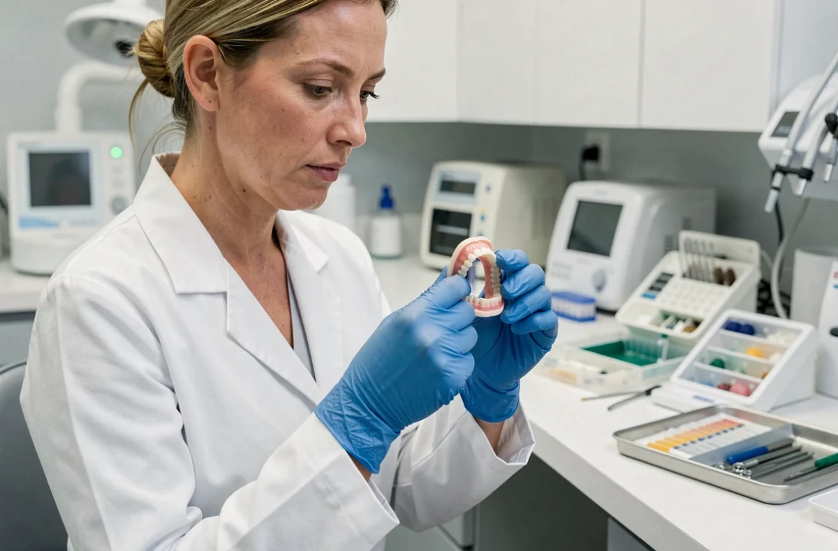 Prothésiste dentaire examinant des dents en résine Capdentaire dans un laboratoire dentaire moderne