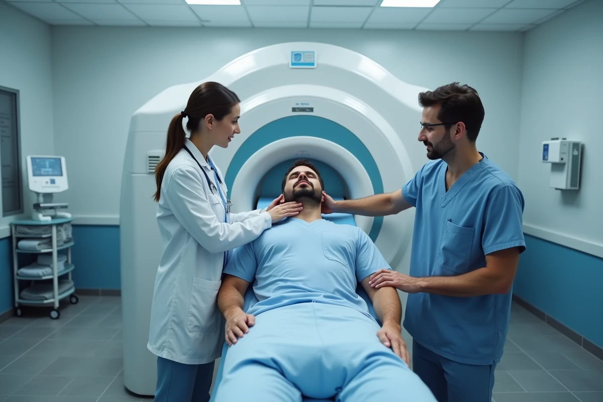 Technicienne en imagerie médicale guidant un patient lors d'une radiographie panoramique pour explorer un blocage de la mâchoire