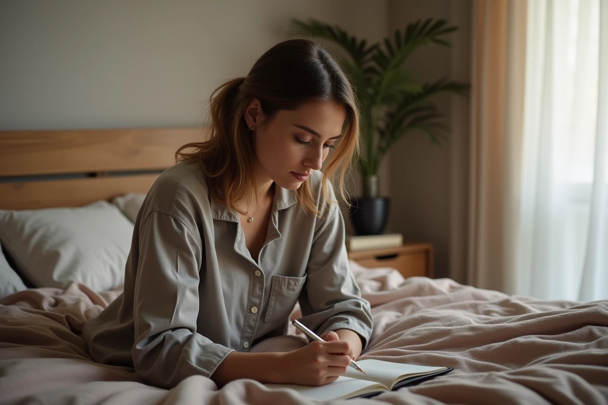 Personne réfléchissant seule dans sa chambre en écrivant dans un journal intime, préparant une conversation importante avec son partenaire