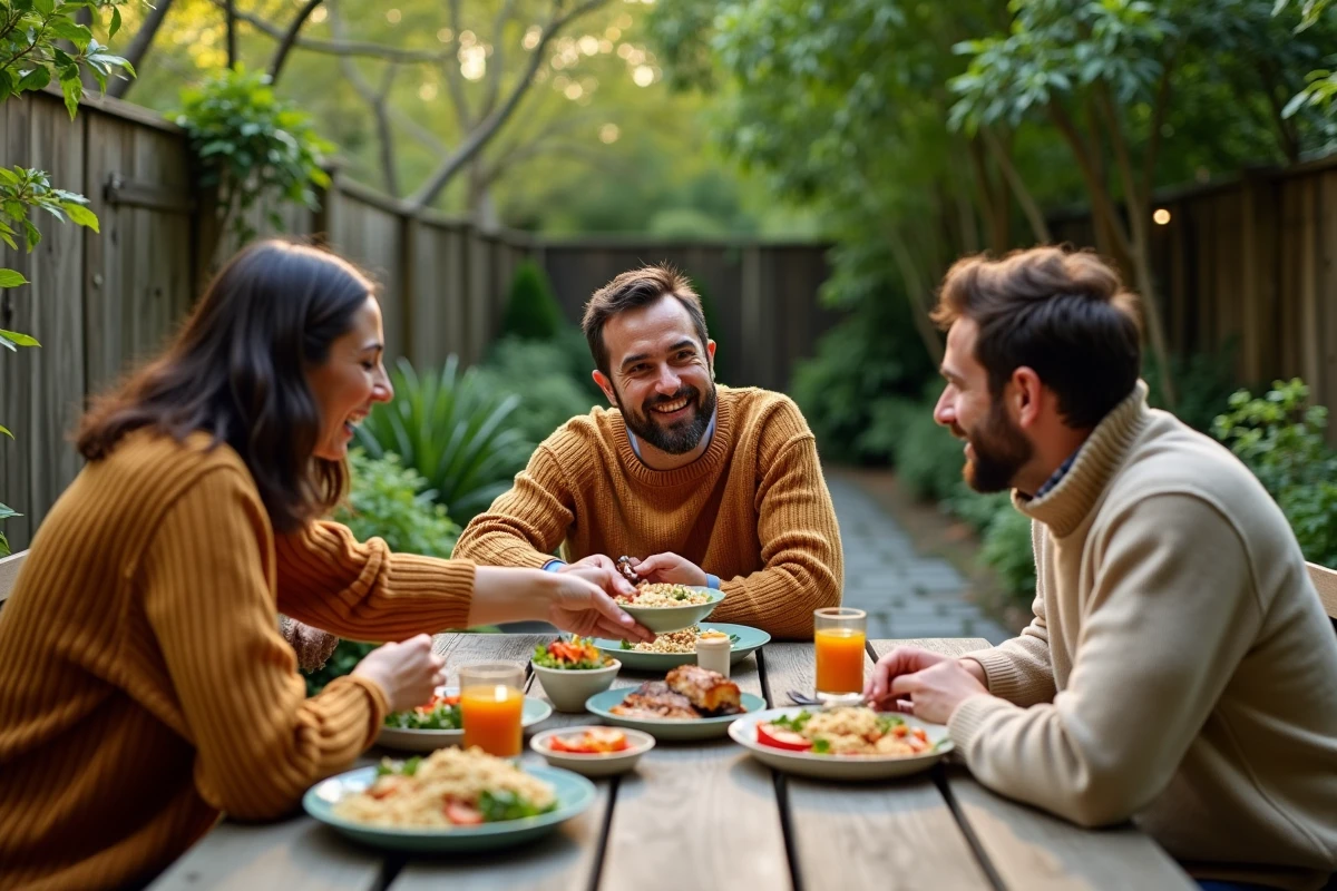 Groupe partageant un repas sain en extérieur dans un jardin