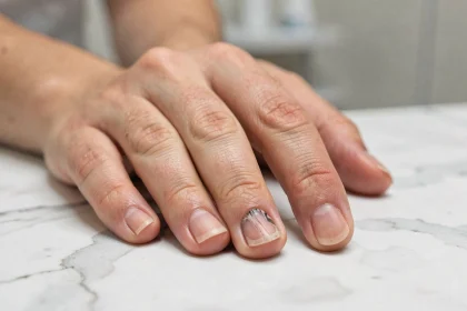 Gros plan sur un ongle en cours de repousse après une atteinte de la matrice, montrant des stries et une légère décoloration à la base de l'ongle