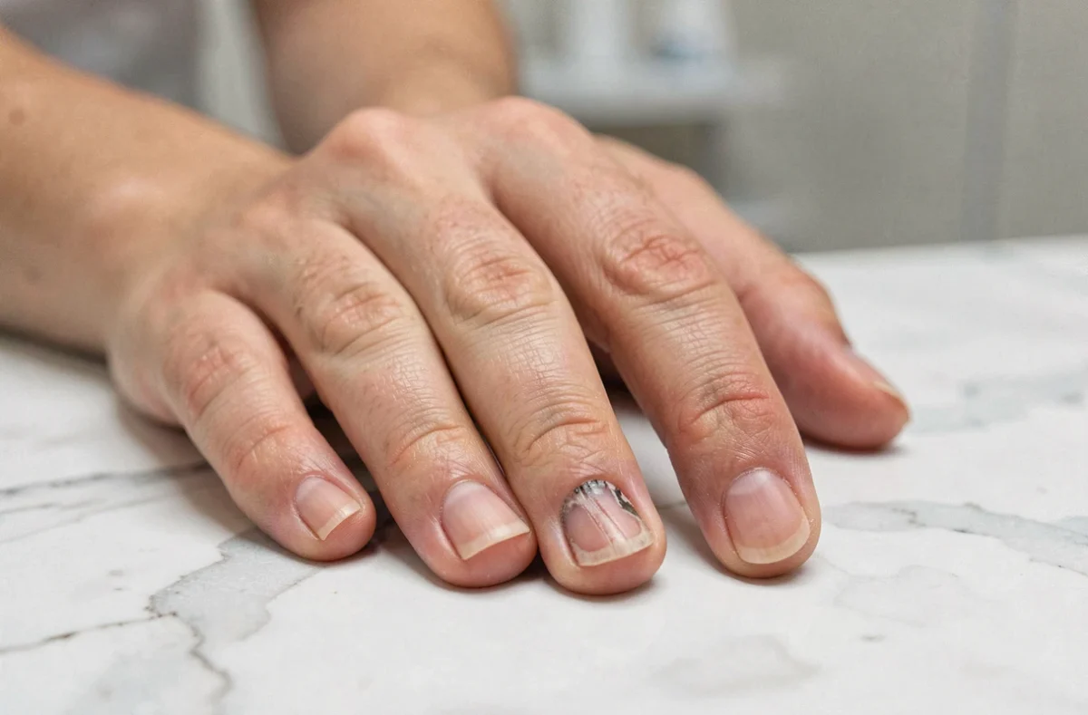 Gros plan sur un ongle en cours de repousse après une atteinte de la matrice, montrant des stries et une légère décoloration à la base de l'ongle