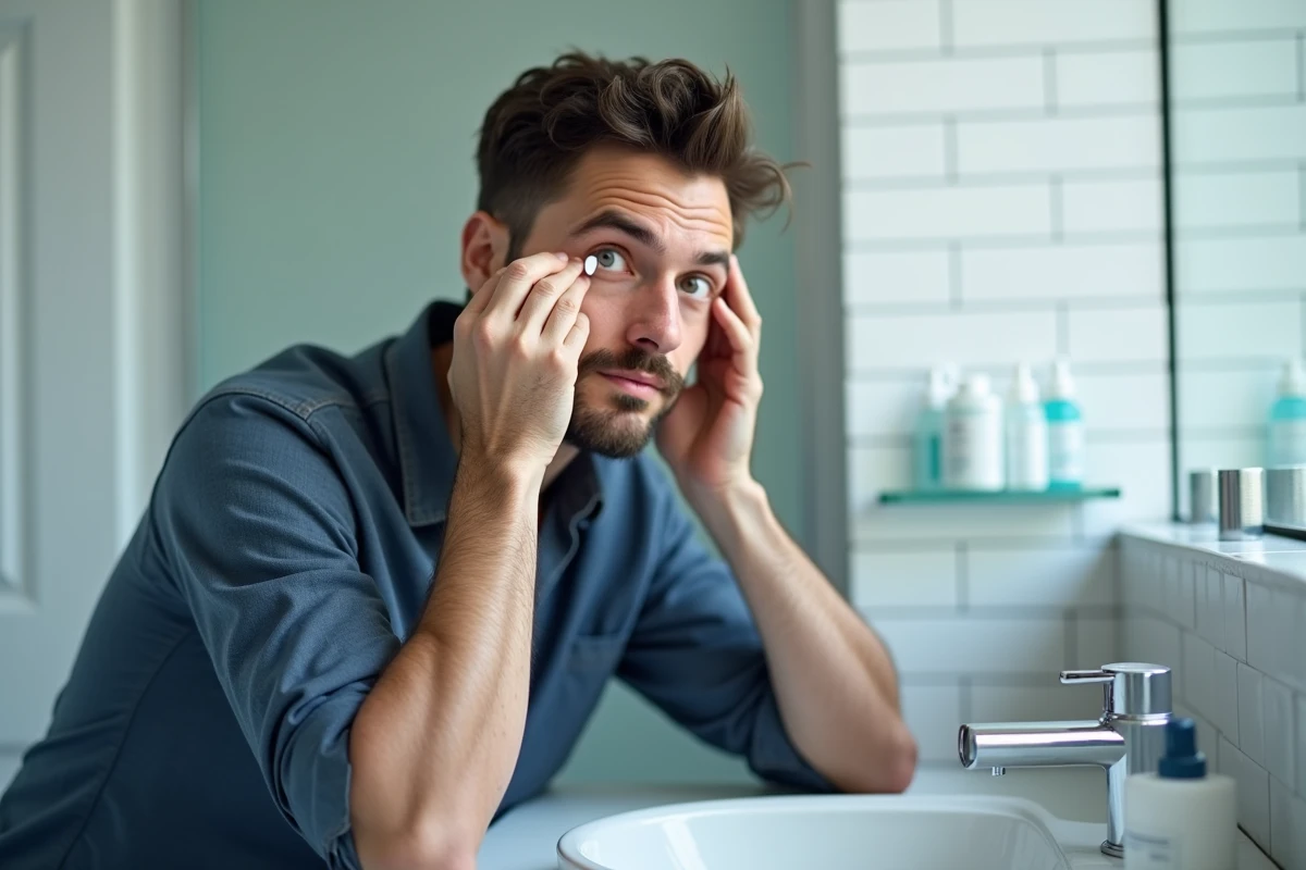Homme retirant ses lentilles de contact devant un miroir de salle de bain pour soulager des yeux fatigués