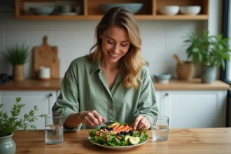 Femme préparant une salade antiinflammatoire dans la cuisine
