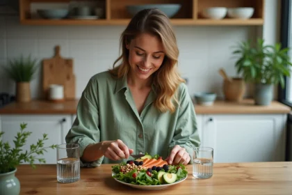 Femme pr&eacute;parant une salade antiinflammatoire dans la cuisine