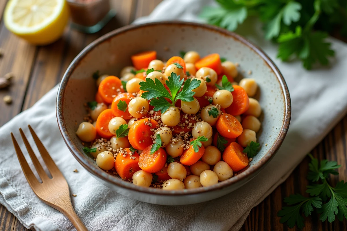 Salade de carottes et pois chiches dans un bol en céramique rustique, recette légère adaptée aux personnes surveillant leur glycémie