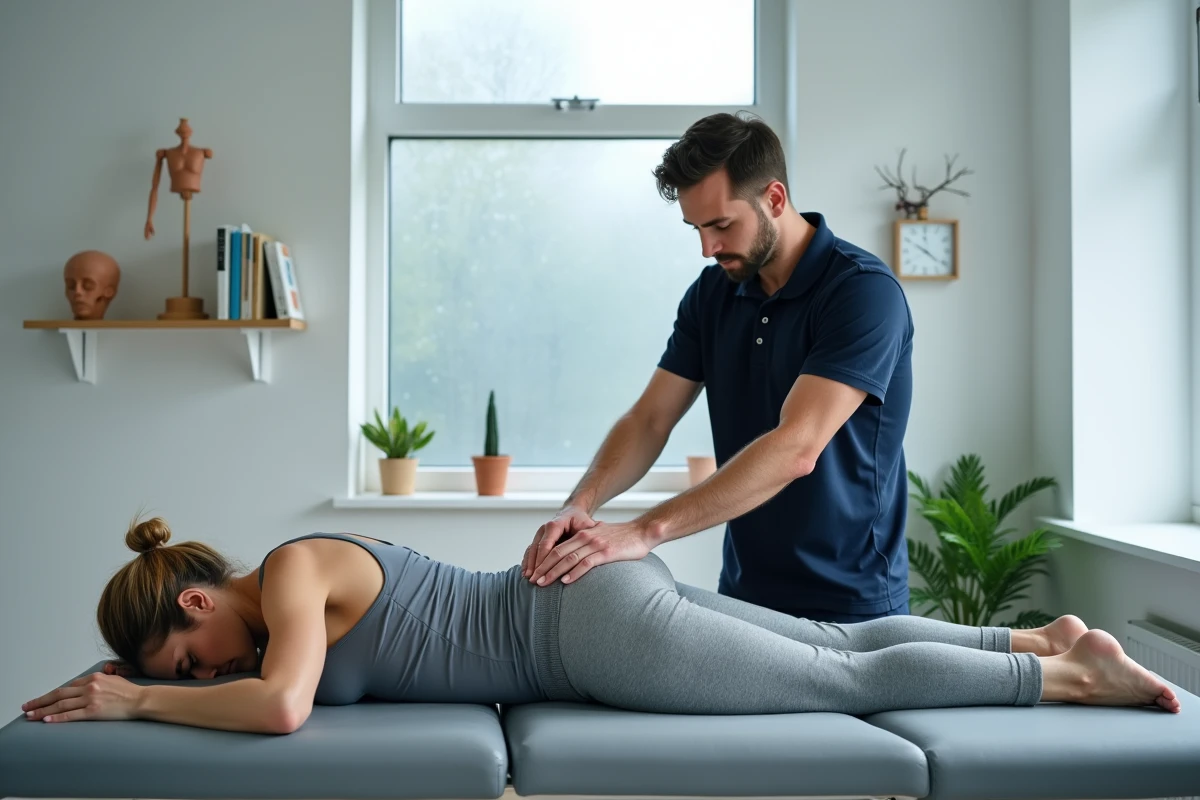 Séance d'ostéopathie avec traitement manuel du dos sur table de soin professionnelle