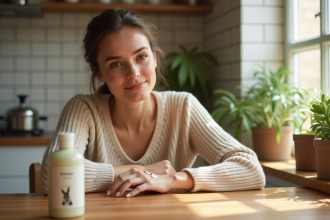 Femme appliquant une creme naturelle sur le bras dans un cadre cosy