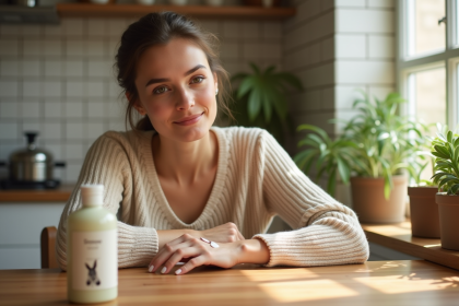 Femme appliquant une creme naturelle sur le bras dans un cadre cosy