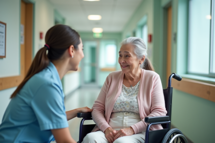 Femme &acirc;g&eacute;e en fauteuil avec infirmi&egrave;re dans un couloir