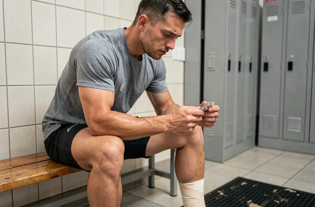Sportif blessé à la cheville tenant un médicament Proteochoc dans un vestiaire après une entorse