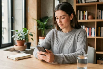 Femme consultant son suivi santé quotidien sur une application mobile dans un appartement parisien moderne