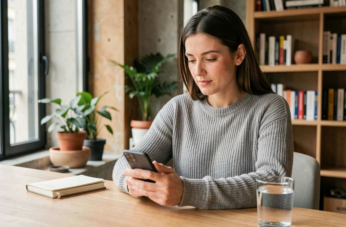 Femme consultant son suivi santé quotidien sur une application mobile dans un appartement parisien moderne