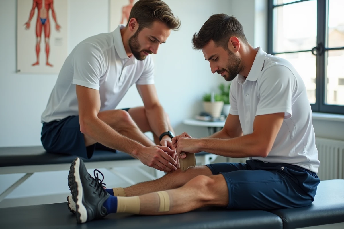 Kinésithérapeute appliquant un taping rigide sur le mollet d'un coureur en cabinet de médecine sportive