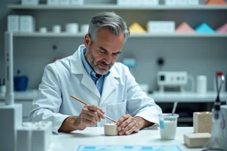 Technicien dentaire en blouse blanche travaillant sur une prothese dentaire