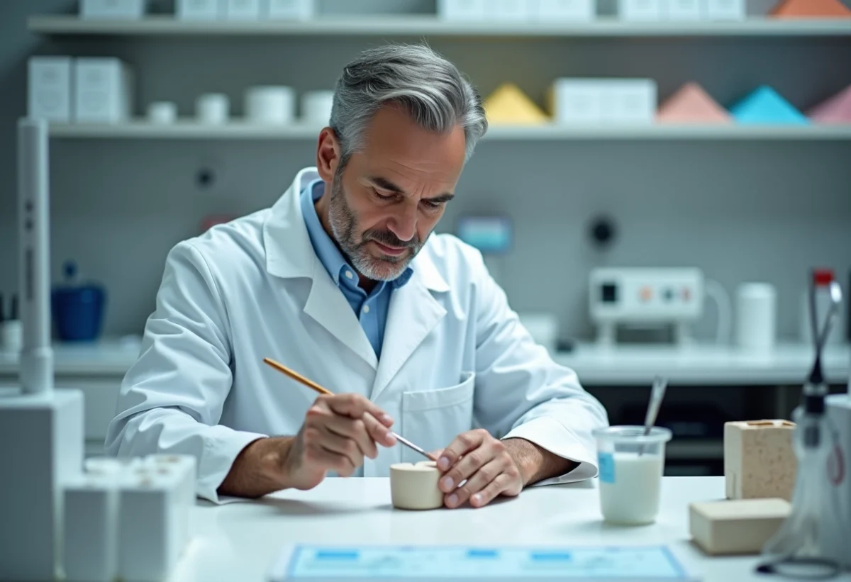 Technicien dentaire en blouse blanche travaillant sur une prothese dentaire