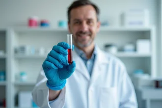 Technicien de laboratoire tenant un tube de prise de sang pour analyse de créatinine et bilan rénal