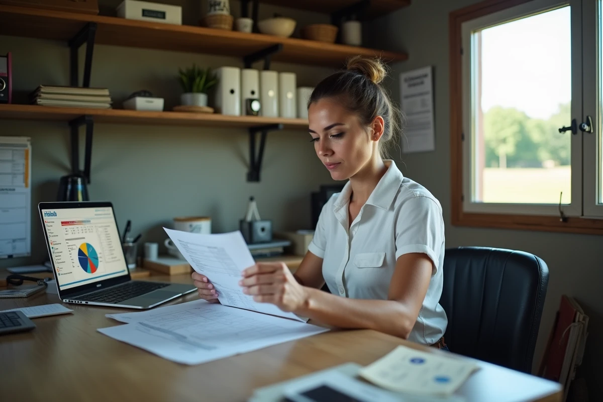 Technicienne agricole analysant les rapports de qualité du lait Infolabo dans un bureau de ferme avec ordinateur portable et documents imprimés