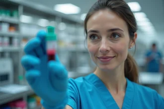 Technicienne de laboratoire tenant un tube de prise de sang dans un laboratoire médical moderne, analyse de marqueurs biologiques LDH
