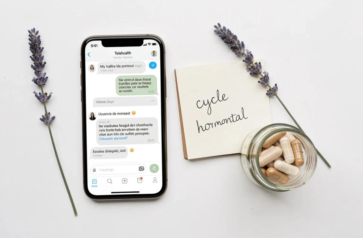 Mise en scène éditoriale d'une application de téléconsultation hormonale avec carnet de notes, compléments naturels et lavande séchée