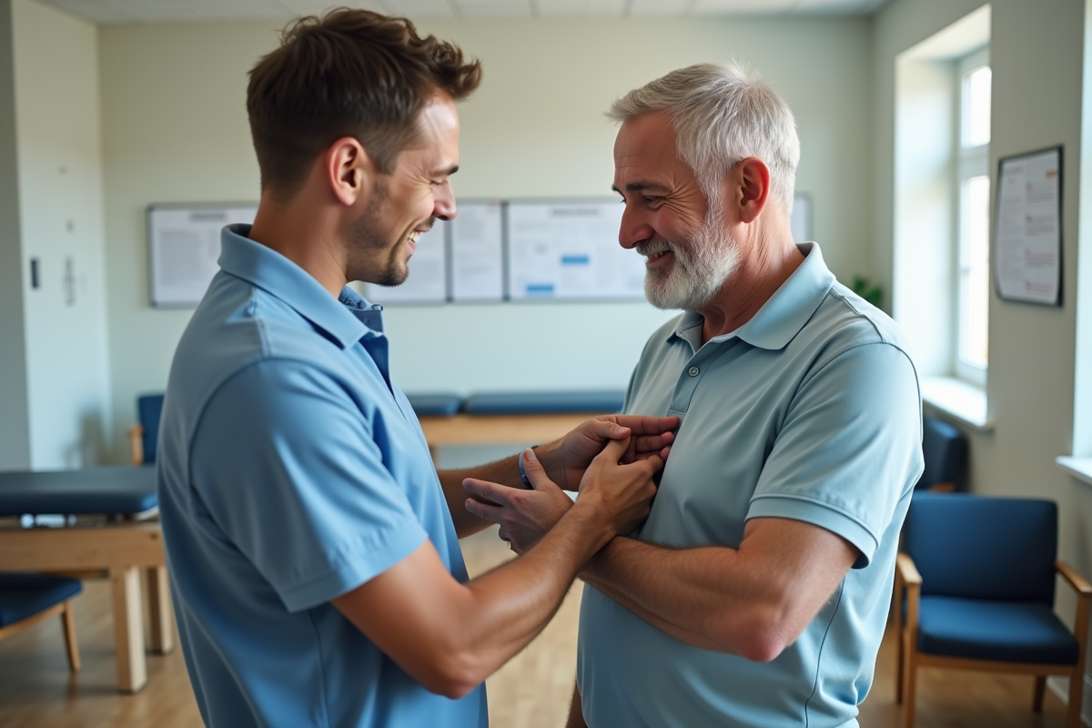 Therapeute aidant un homme à boutonner sa chemise