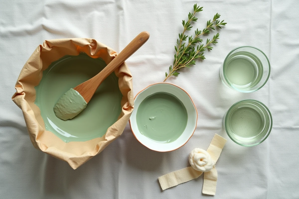 Vue du dessus des ustensiles et ingrédients nécessaires pour préparer un cataplasme à l'argile verte : bol en céramique, argile en poudre, spatule en bois et gaze