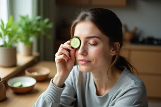 Femme portant des lentilles appliquant une rondelle de concombre sur ses yeux fatigués, remède de grand-mère naturel